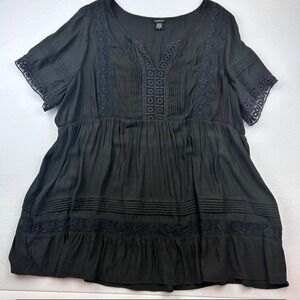 Torrid Babydoll Top Womens 3 Black Excellent Crochet Lace Pintuck Blouse